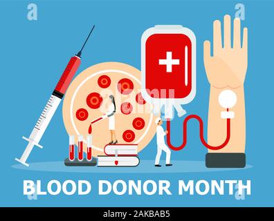 Blutspender ßtsein Monat ist im Januar in den USA gefeiert. Fuenfhundert Meldungen Konzept Vektor im flachen Stil. Medizinische Banner mit Blutplasma, Behälter Stock Vektor