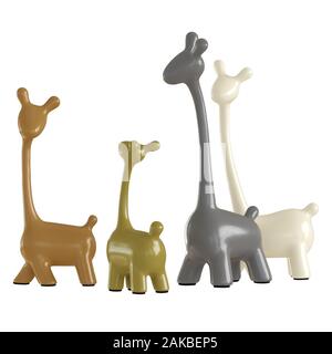 Eine Sammlung von bunten giraffe Figuren auf weißem Hintergrund. 3D-Rendering Stockfoto