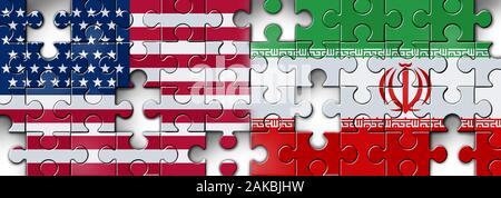 Iran US-Showdown und Konflikt im Nahen Osten als die USA oder Vereinigten Staaten am Persischen Golf puzzle Konzept als amerikanische und Iranische Sicherheit. Stockfoto