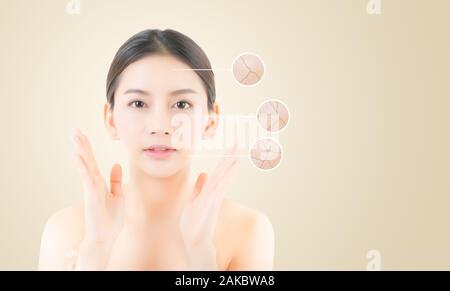 Pflege und Gesundheit Konzept - schöne asiatische junge Frau mit Falten über Kreise für die Werbung. Stockfoto