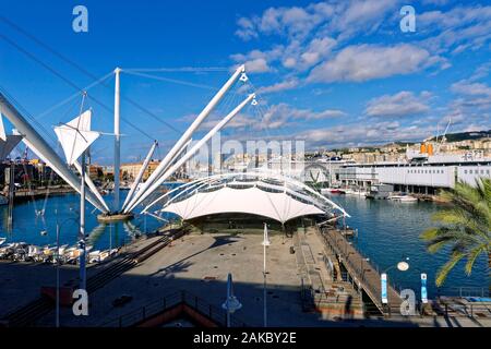 Italien, Ligurien, Genua, Porto Antico, der Hafen mit der größten Aquarium Europas, der panoramalift Der bigo und die biosfera von Renzo Piano entworfen Stockfoto