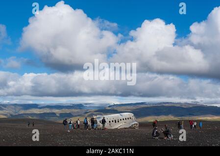 Island, Region, Sudurland Solheimasandur, US Navy DC Flugzeug Wrack Stockfoto