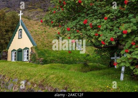 Island, austurland Region, Hof, Hofskirkja Rasen Kirche Stockfoto