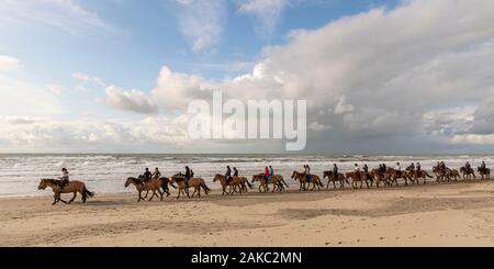 Frankreich, Somme, Quend-Plage, Trupp Reiter und ihre Pferde Henson am Strand Stockfoto