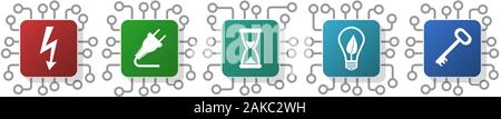 Satz von Strom, Energie, Strom, Stecker und Lampe Symbole für Webdesign und mobile Anwendungen, CPU, Chip Konzept Vector Illustration Stock Vektor