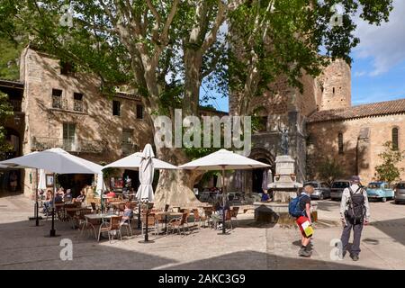 Frankreich, Hérault (34), Saint-Guilhem-le-Désert, Le village Médiéval abrite l'Abbaye de Gellone classée au Patrimoine mondial par l'UNESCO au titre des Chemins de Saint-Jacques-de-Compostelle en France, place de la Liberté/Frankreich, Herault, Saint Guilhem Le Desert, das mittelalterliche Dorf mit der Abtei Gellone als Weltkulturerbe von der UNESCO unter den Weg von Saint Jacques de Compostelle in Frankreich, Platz der Freiheit Stockfoto