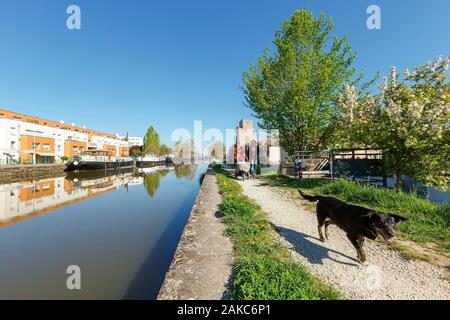 Frankreich, Meurthe et Moselle, Nancy, flache Boote an der Meurthe Kanal und ehemaligen Getreidespeichers Vilgrain in 1942-1943 jetzt Wohnhäuser gebaut Stockfoto