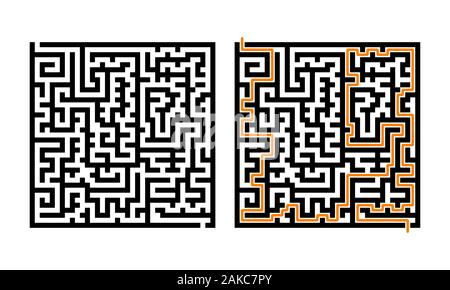 Logische Spiel mit Lösung. Kinder Labyrinth. Platz Labyrinth mit Ein- und Ausstieg. Schwarze Linien auf weißem Hintergrund. Vector Illustration. Stock Vektor
