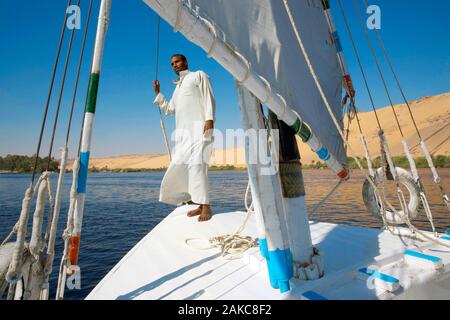 Ägypten, Oberägypten, Assuan, Nubischen sailor Vor seiner Feluke alle Segel errichtet, Segeln auf dem Nil vor einer hohen Düne der linken Bank Stockfoto