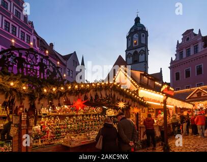 Meißen: square Markt, Weihnachtsmarkt, Kirche Frauenkirche, Sachsen, Sachsen, Deutschland Stockfoto