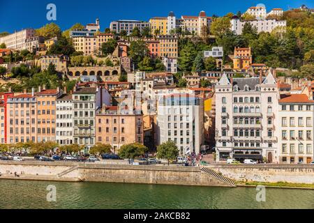 Frankreich, Rhone, Lyon, Altstadt als UNESCO-Weltkulturerbe, das alte Lyon, Quai Fulchiron am Ufer der Saône, Ansicht der Maison Blanchon Stockfoto