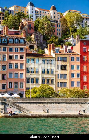 Frankreich, Rhone, Lyon, Altstadt als UNESCO-Weltkulturerbe, das alte Lyon, Quai Fulchiron am Ufer der Saône, die fourviere Hill Stockfoto