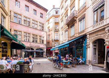 Frankreich, Rhone, Lyon, Vieux Lyon, historische Stätte als Weltkulturerbe von der UNESCO, Bouchon, traditionelles Restaurant, Terrasse des Restaurants Stockfoto