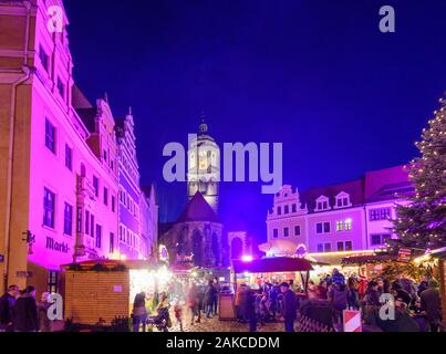 Meißen: square Markt, Weihnachtsmarkt, Kirche Frauenkirche, Sachsen, Sachsen, Deutschland Stockfoto