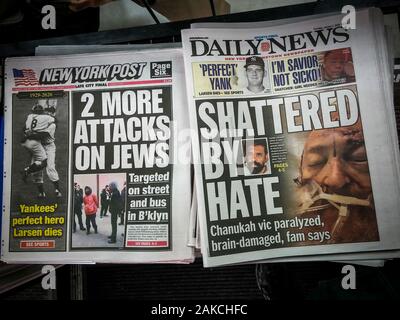 Titelseiten der New Yorker Zeitungen am Donnerstag, 2. Januar 2020 Bericht über die Epidemie von antisemitischen Übergriffen auftreten. (© Richard B. Levine) Stockfoto