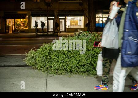 Einen Armen, einsamen, verworfen Weihnachtsbaum außerhalb eine Wohnung in New York am Freitag, 3. Januar 2020. Die Abt. der Abwasserentsorgung bietet haushaltsnahe Abholung von ausgedienten Bäume mit Lametta und Dekorationen entfernt. (© Richard B. Levine) Stockfoto