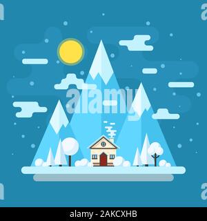 Winter tagsüber Landschaft. Häuser auf dem Hintergrund der Berge. Vektor flachbild Abbildung. Stock Vektor