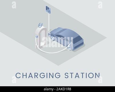 Ladestation Flachbild banner Vektor Vorlage. Umweltfreundliche Technologie poster Konzept, moderne umweltfreundliche Verkehrsmittel Idee. Elektroauto isometrische Darstellung mit der Typographie Stock Vektor
