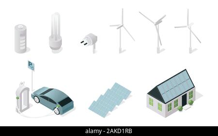 Nachhaltige Technologie Symbole isometrische Abbildungen. Erneuerbare Energiequellen und umweltfreundliche Tech auf weißem Hintergrund. Solaranlagen, Windkraftanlagen, Elektroauto und Energiesparlampe Stock Vektor