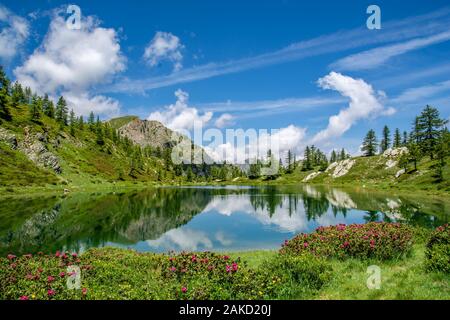 Die Cottischen Alpen, im südlichen Piemont, herrliche Landschaft von bezaubernden Seen, Wasserfälle und schneebedeckten Gipfeln dominiert Stockfoto