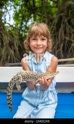 Das Kind hält ein kleines Krokodil in seinen Händen. Selektive konzentrieren. Stockfoto