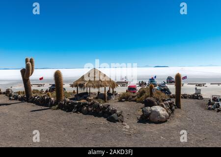 Isla Incahuasi in tne Salzsee Salar de Uyuni, Potosi, im Südwesten von Bolivien, Lateinamerika Stockfoto