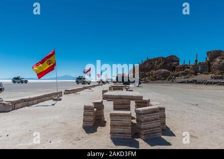 Isla Incahuasi in tne Salzsee Salar de Uyuni, Potosi, im Südwesten von Bolivien, Lateinamerika Stockfoto