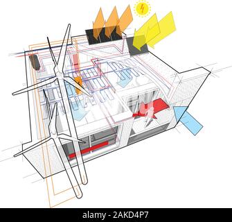 Apartment Diagramm mit Heizkörper Heizung und zu den Windrädern und Photovoltaik und Sonnenkollektoren verbunden und und Deckenkühlung Stock Vektor