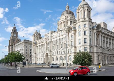 Royal Liver, Cunard und der Hafen von Liverpool, Liverpool Pier Head, Liverpool, Merseyside, England, Vereinigtes Königreich Stockfoto