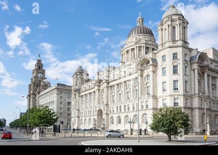 Royal Liver, Cunard und der Hafen von Liverpool, Liverpool Pier Head, Liverpool, Merseyside, England, Vereinigtes Königreich Stockfoto