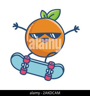 Kawaii orange mit Sonnenbrille auf Skateboard illustration Cartoon isoliert auf weißem Stock Vektor