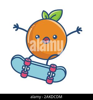 Kawaii orange mit Haltung auf Skateboard illustration Cartoon isoliert auf weißem Stock Vektor