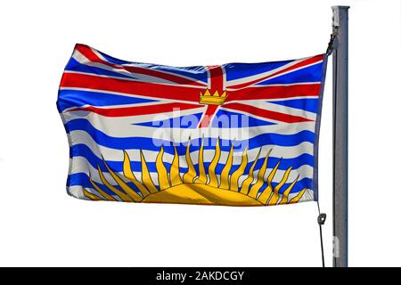 Flagge der Provinz Britich Columbia, Kanada auf einem Fahnenmast der Wind auf einem weißen Hintergrund fliegen. Stockfoto