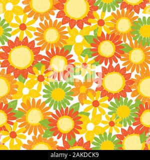 Vektor bunt Gelb und Orange strukturierte Sonnenblumen pen Skizze Muster wiederholen mit weißem Hintergrund. Geeignet für textile, Geschenkpapier und Tapeten. Stock Vektor