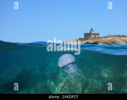 Leuchtturm auf der felsigen Küste und einer Qualle Unterwasser, geteilte Ansicht, Spanien, Mittelmeer, Costa Brava, Katalonien, El Port de la Selva Stockfoto