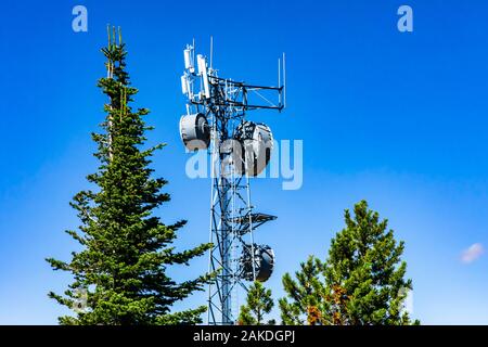 Eine mobile Basisstation oder Zelle Aufstellungsort Turm, zwischen grünen Bäumen und einem blauen Himmel gesehen. Elektronische Kommunikationsgeräte auf Stahl Gittermast Stockfoto
