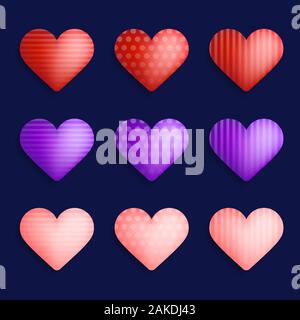 Vektor einrichten von bunten realistische Herzen mit Schatten auf dunklem Hintergrund. Vektor rote Herzen Sammlung. Satz von neun realistische Herzen mit Schatten. Roman Stock Vektor