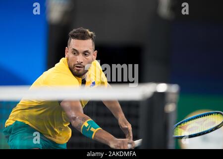 Sydney, Australien. 09 Jan, 2020. Nick Kyrgios von Australien spielt einen Schuß während der 2020 ATP-Finale acht an der Ken Rosewall Arena, Sydney, Australien, am 9. Januar 2020. Foto von Peter Dovgan. Credit: UK Sport Pics Ltd/Alamy leben Nachrichten Stockfoto