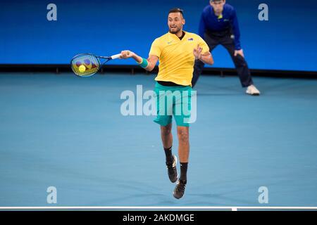 Sydney, Australien. 09 Jan, 2020. Nick Kyrgios von Australien spielt einen Schuß während der 2020 ATP-Finale acht an der Ken Rosewall Arena, Sydney, Australien, am 9. Januar 2020. Foto von Peter Dovgan. Credit: UK Sport Pics Ltd/Alamy leben Nachrichten Stockfoto