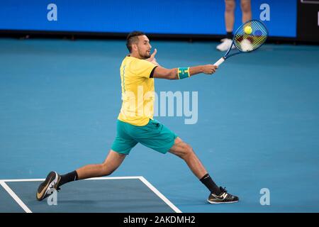 Sydney, Australien. 09 Jan, 2020. Nick Kyrgios von Australien spielt einen Schuß während der 2020 ATP-Finale acht an der Ken Rosewall Arena, Sydney, Australien, am 9. Januar 2020. Foto von Peter Dovgan. Credit: UK Sport Pics Ltd/Alamy leben Nachrichten Stockfoto
