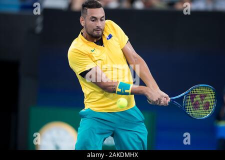 Sydney, Australien. 09 Jan, 2020. Nick Kyrgios von Australien spielt einen Schuß während der 2020 ATP-Finale acht an der Ken Rosewall Arena, Sydney, Australien, am 9. Januar 2020. Foto von Peter Dovgan. Credit: UK Sport Pics Ltd/Alamy leben Nachrichten Stockfoto
