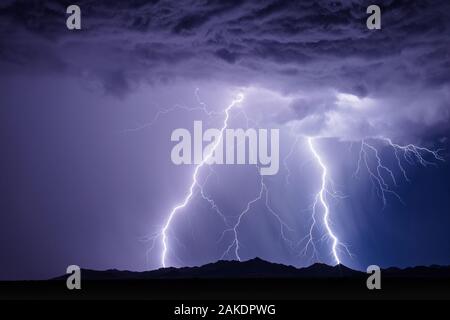 Gewitter von Wolken zu Boden schlägt bei einem Sturm in der Nähe von Gila Bend, Arizona, ein Stockfoto