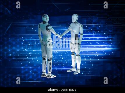 3D-Rendering männlichen und weiblichen Cyborg Hand schütteln Stockfoto
