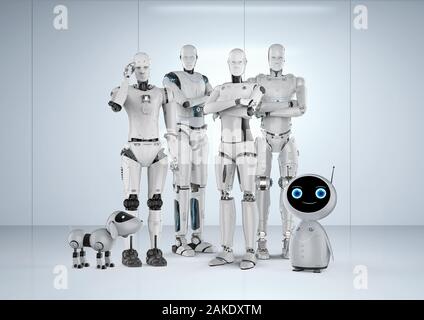 3D-Rendering Group der Automatisierung Roboter auf weißem Hintergrund Stockfoto