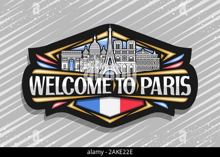 Vektor logo für Paris, dunkle Zeichen mit schwarzen und weißen Linie zeichnen, der berühmten Pariser Sehenswürdigkeiten, Kühlschrank Magnet mit Bürste Typ für Worte Willkommen in Paris, d Stock Vektor
