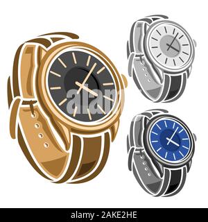 Vektor einrichten von Armbanduhren, Sammlung von 3 Schneiden Sie Abbildungen der verschiedenen Schweizer Armbanduhren mit Leder Armbänder auf weißem Hintergrund. Stock Vektor