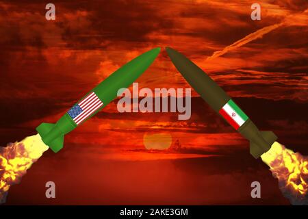 USA und Iran Konflikt Krieg Konzept. Zwei Raketen, die mit dem iranischen und amerikanischen Fahnen, Blood Red Sky Hintergrund. Gefahr militärische Waffen 3d-Abbildung. Stockfoto