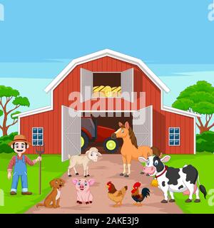 Cartoon-Bauer und Nutztiere im Barnyard Stock Vektor