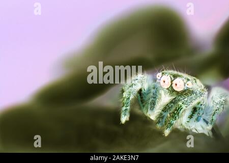 Extreme Vergrößerung-Jumping Spider auf ein Blatt. invertiert Stockfoto