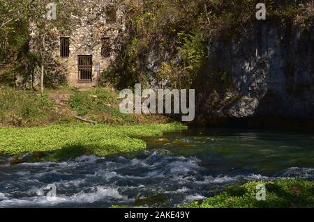 Welch Spring und Hospital Ruins, (eher ein Wellness-Spa) am Current River, nahe Jadwin, Missouri, MO, USA, USA, USA. Stockfoto